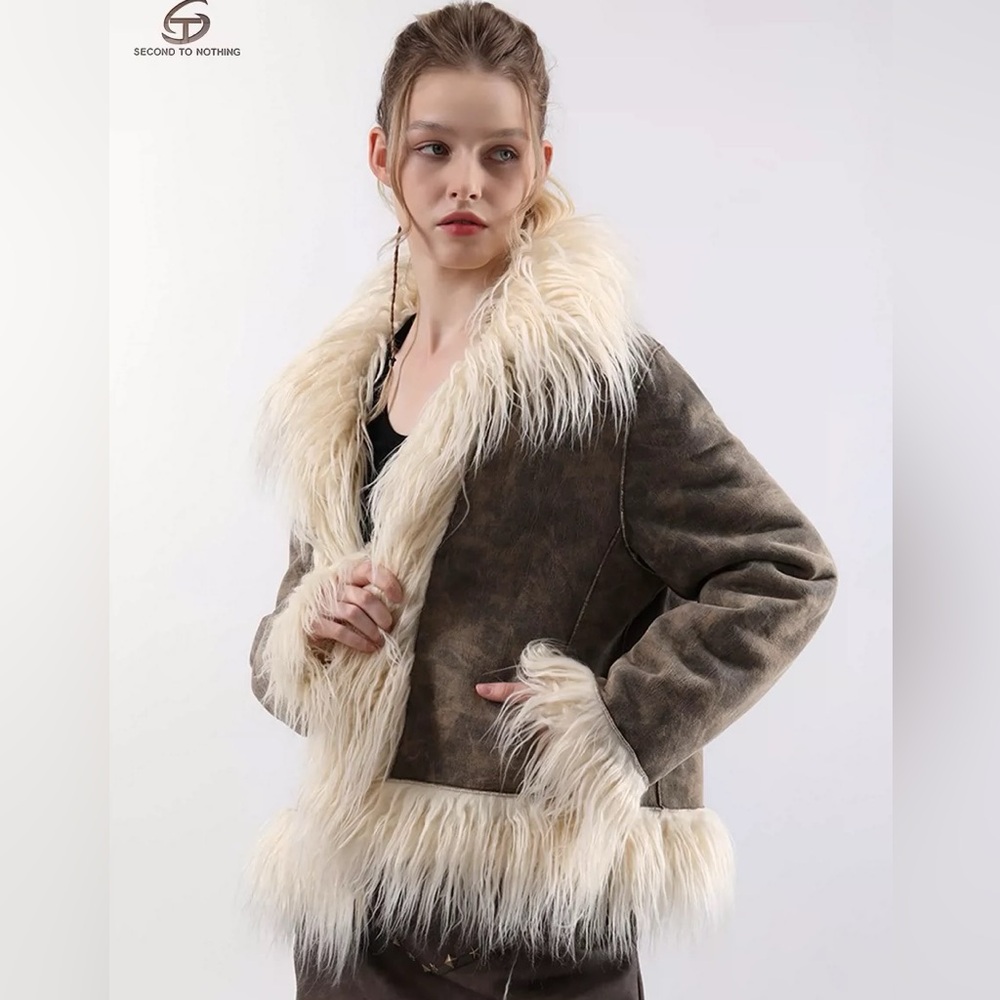 Faux Shearling Trimmed Brown Jacket with Cream Fur Collar reversible coat new